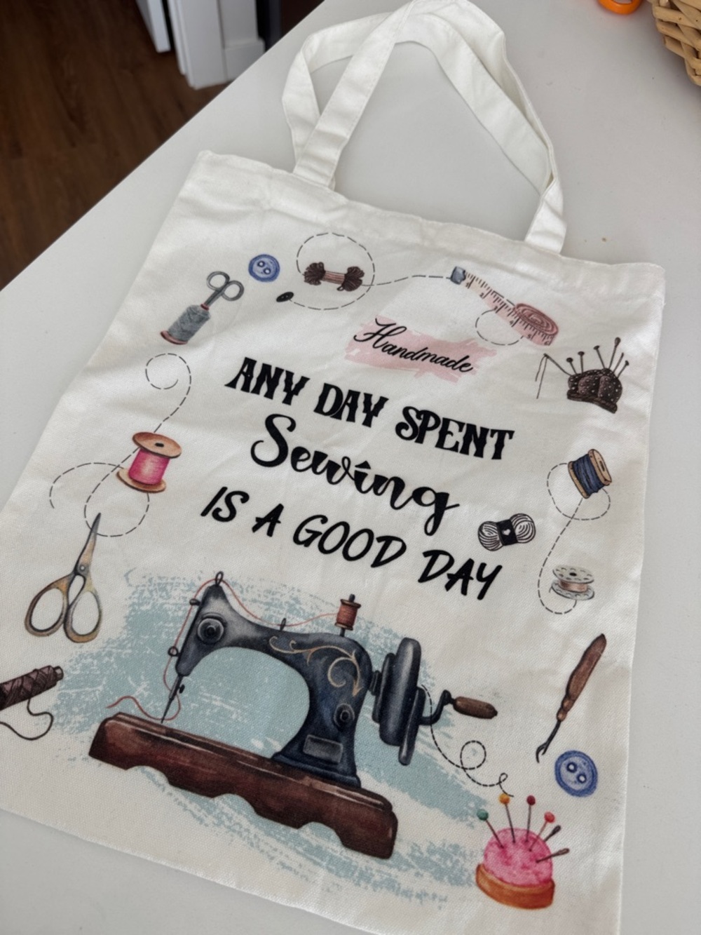 White Sewing-Themed Canvas Tote Bag - Any Day Spent Sewing